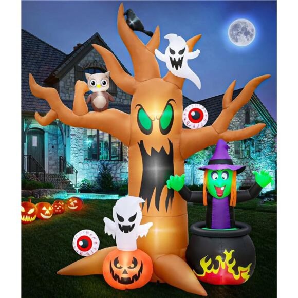 8FT Halloween Inflatables Tree Outdoor Decor with Inflatable Ghost Witch